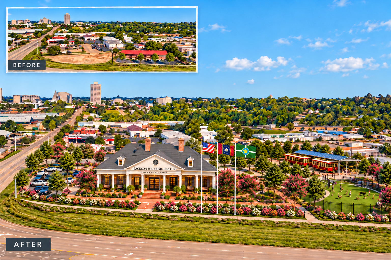 Before-and-after concept showing the existing site in an inset and the proposed Southern-style Jackson Welcome Center and Eudora Welty Library, with gardens, parking, trolleys, a dog park and American, Mississippi and Jackson flags.